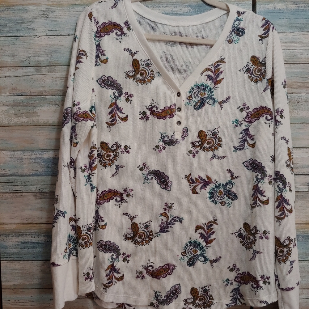 Paisley Waffle Weave Printed Long Sleeve Top 3X